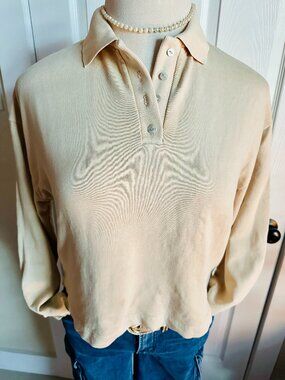 ZARA Cream Long Sleeve Polo Shirt Preppy Chic size small